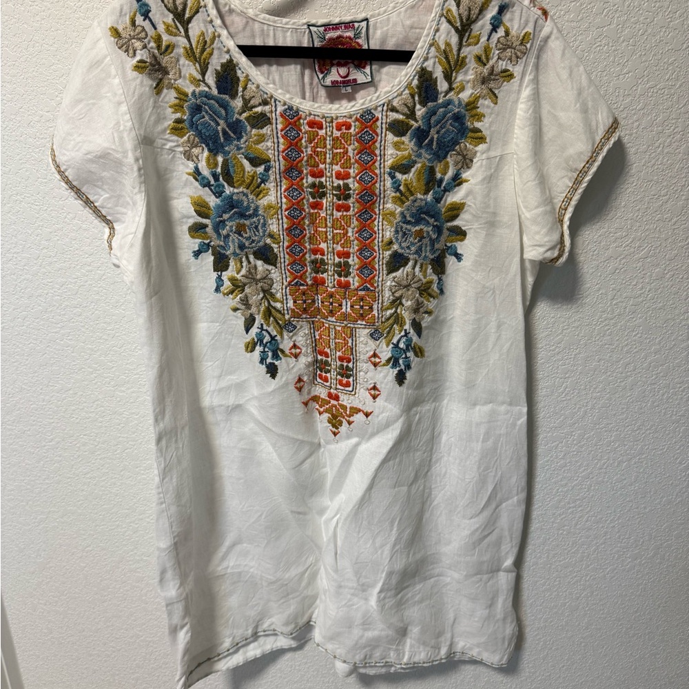 Johnny Was White Blouse with Blue and Orange Embroidery